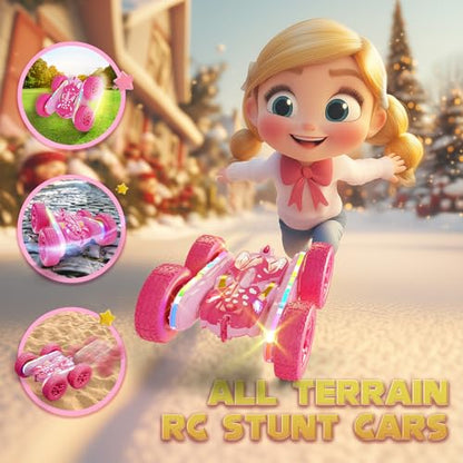 Terucle Remote Control Car for Girls, Pink RC Cars Stunt RC Car Girl Toys for Girls Double-Sided 360° Rotating with Headlights 4WD Kid Toys for Birthday Gifts (Pink) - color: Pink