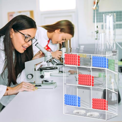 Acrylic Test Tube Rack, Clear Tube Holder Organizer Stand with 9 Compartments, Extra Bottom Storage, and 4 Pull-Out Trays, Wall Mount or Countertop for Lab, Hospital, Office, 16"H x 12"W x 5.5"D - size: 9 Compartment 16" H x 12" W x 5.5" D