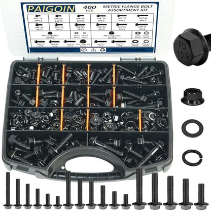 400PCS Metric Flange Bolt Assortment, 10.9 Black Zinc - color: Black KIT -400PCS