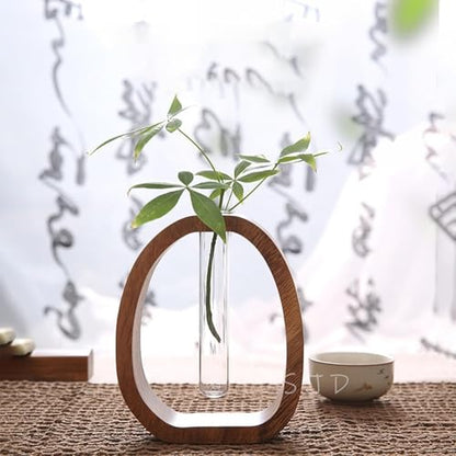 Walnut Wood Glass Flower Vase with Test Tubes | Modern Hydroponic Planter for Fresh Cut Flowers | Handcrafted Tabletop Decor for Home, Office, Farmhouse Style (Large) - size: Large