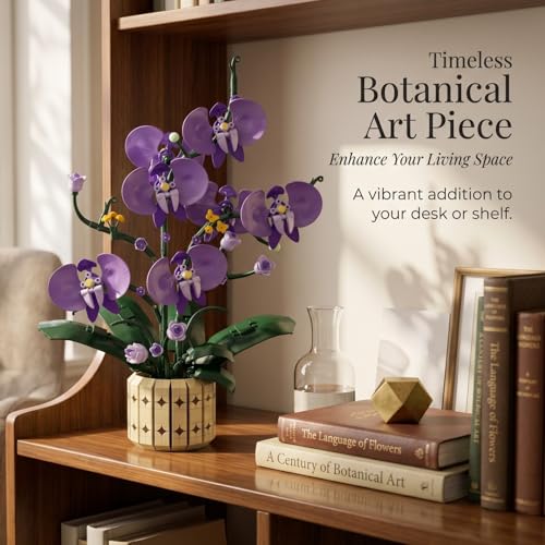 Botanicals Orchid Kit for Adults – 832Pcs Purple Charm Phalaenopsis Toy Building Blocks, Artificial Flower Bouquet with Pot, Lifelike Plant Decor for Home Office, Unique Gifts for Girls, Mom, Wife