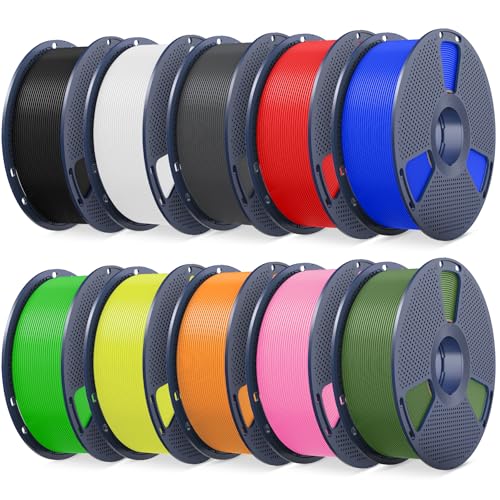 SUNLU 3D Printer Filament Bundle, PLA Plus2.0 Filament 10KG 1.75mm, Neatly Wound Filament for Most 3D Printer, 10 Colors, 1kg Spool, Black+White+Grey+Red+Blue+Green+Yellow+Orange+Pink+Olive Green - color: Black+white+grey+red+blue+green+yellow+orange+pink
