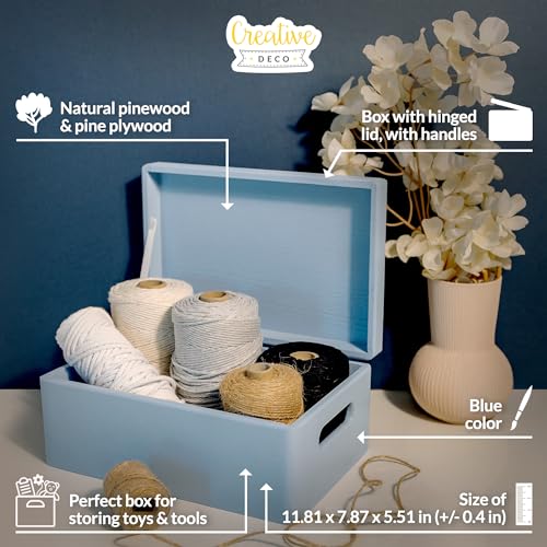 Creative Deco Large Blue Wooden Box Storage with Hinged Lid - color: Blue, size: L | Handles