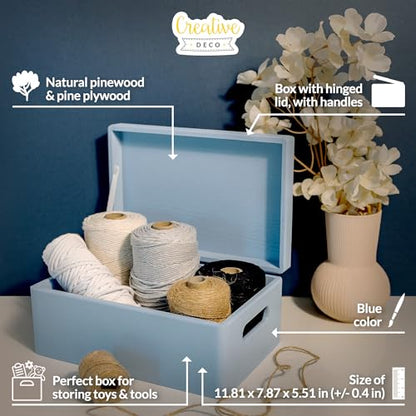Creative Deco Large Blue Wooden Box Storage with Hinged Lid - color: Blue, size: L | Handles