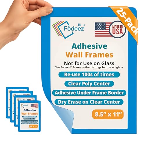 8.5 x 11 Adhesive Wall Frames - Peel & Stick Picture Frames, Wall Sign Holder, Paper & Letter Protector Sheets, Reusable Picture Frame, Dry Erase, Non Magnetic & Non Acryclic - Blue, Pack of 25 - color: Blue 25