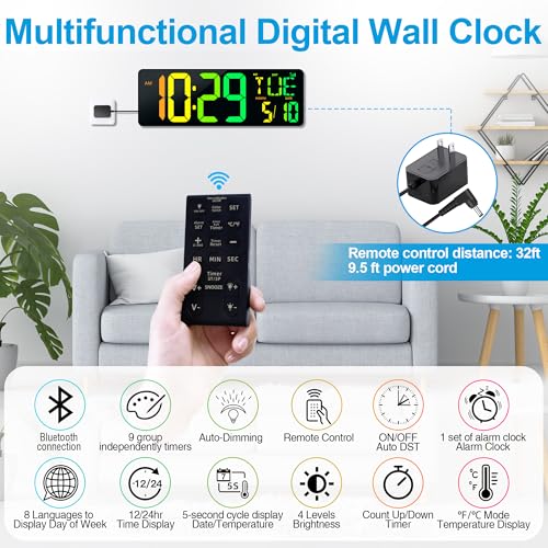 17.2" Large Digital Wall Clock with Bluetooth Auto Sync Time Big Timer - color: Black Shell