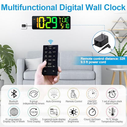 17.2" Large Digital Wall Clock with Bluetooth Auto Sync Time Big Timer - color: Black Shell