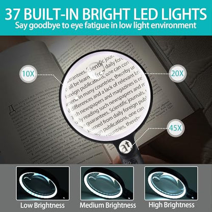 Large Magnifying Glass with 37 LED Light, 10X 20X 45X Handheld Illuminated - color: White & Black, size: Magnifier with Light (No Case)