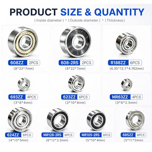 52 PCS Ball Bearings Assortment Kit, Small Deep Groove Bearing