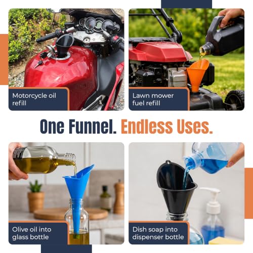 3pc Automotive Oil Funnel Set, Long Neck Plastic Funnels for Oil Change, Gas, Fuel, Diesel, Coolant & Transmission Fluid, Multi Purpose Car Funnel Kit for Auto Fluids or Kitchen Use