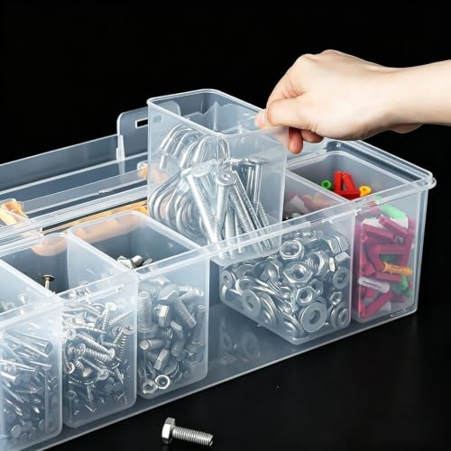 Small Parts Organizer Box with Transparent Lid 1‑Pack, 6-Compartments Movable Organizer Box with for Hardware, Screws, Bolts, Nails, Beads, Jewelry and Fishing Small Accessories, NOT for Large Tools