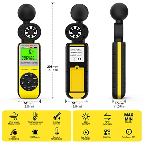 Anemometer WBGT Heat Stress Meter, Digital Handheld Wind Meter Outdoor 881W