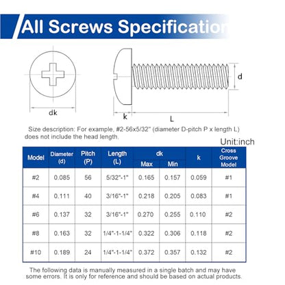 #6-32 x 3/16" to 1" Phillips Pan Head Machine Screws Kit with Nuts Washers - size: #6-32
