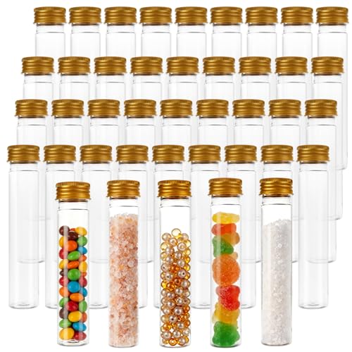 50 Pcs Plastic Test Tubes with Caps, Clear Test Tube Set, 2.2 fl Oz PET Flat Bottom Bath Salt Containers with Gold Screw Caps, 5.9 x 1.1 in Candy Vials - color: GOLD LIDS