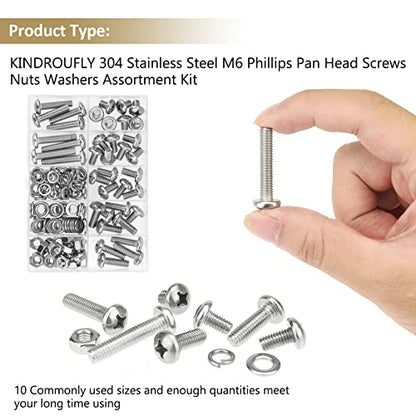 126 Pieces M6 x 8/10 /12/16 /20/25 /30mm Phillips Pan Head Machine Screws Nuts Washers Assortment Kit, 304 Stainless Steel, Fully Machine Thread - size: M6