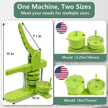 Happizza Button Maker Machine Multiple Sizes, Pin Maker Machine 2.25 inch+3 inch, Interchangeable Button-Models Badge Button Press Machine with 200 Sets 58mm+75mm Button Maker Supplies&Circle Cutter - size: Green 2.25+3 inch (200 Sets)