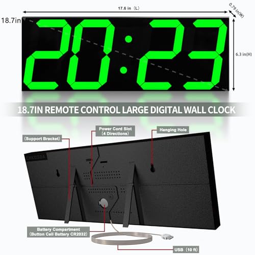 CHKOSDA 18.7in Large Digital Wall Clock,LED Digital Clock whih Big Number,Multi-Function Remote Controlled Wall Clock with Timer, Alarm and Calendar Display(Green) - color: Green