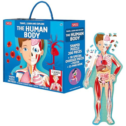 Sassi: Travel, Learn & Explore - The Human Body - 200pc Shaped Puzzle & 32-Page Book, Educational Set, Facts About Bodily Systems, (N.E. 2024) Kids 6+