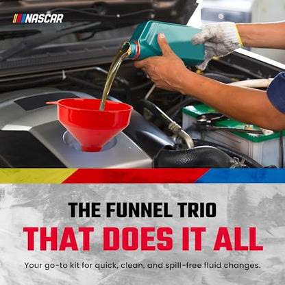 NASCAR Automotive Funnel Set – Oil, Gas & Fluid Funnels for Cars & Trucks, Durable, Lightweight, & Versatile, Includes 3 Sizes: Small, Medium, Large, Multi-Purpose Use for Oil Changes, Fuel, & More