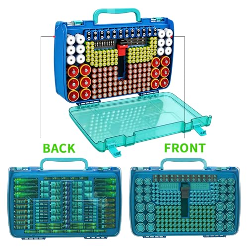 Battery Organizer Storage Case with Tester for 269 Batteries, Double Sides - color: Blue Case+Green Handle
