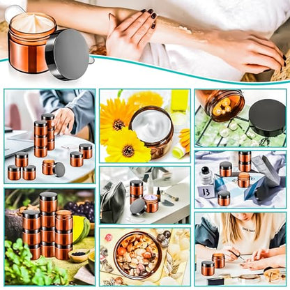 16 Pack 2oz Amber Plastic Jars, 60ml Empty Small Round Cosmetic Jars Refillable Makeup Containers Leakproof Travel Cosmetic Containers with Black Lids for Sample Cream Lotion Powder Ointment - color: Amber, size: 2oz