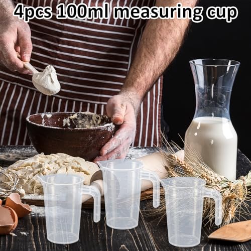 Plastic Measuring Beaker, 4 Pcs Liquid Measuring Cups, 100 ml Unbreakable Graduated Beakers with Handle and Spout, Transparent Clear Precise Markings for Kitchen Baking Lab Restaurant Use