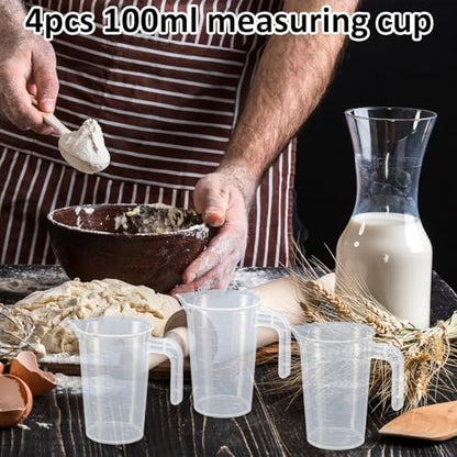 Plastic Measuring Beaker, 4 Pcs Liquid Measuring Cups, 100 ml Unbreakable Graduated Beakers with Handle and Spout, Transparent Clear Precise Markings for Kitchen Baking Lab Restaurant Use