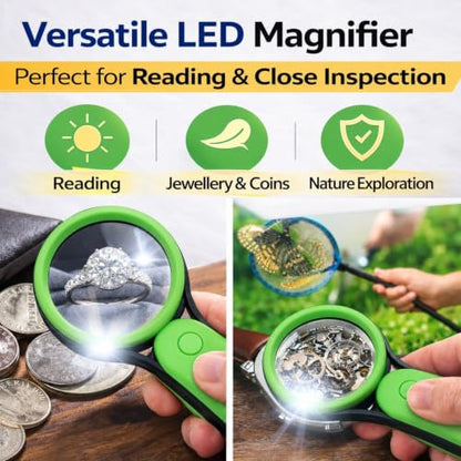 Green LED Magnifying Glass with Light, Senior Reading Aids, Lightweight Handheld Pocket Magnifier, Non-Breakable Lens, Portable Easy to Use, Jewellery, Coins, Inspection & Hobby Exploration - color: Green