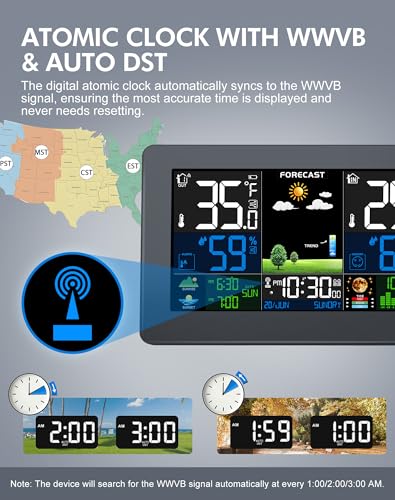 Weather Station Wireless Indoor Outdoor, 7.5" Large Color Display, Black - color: Black