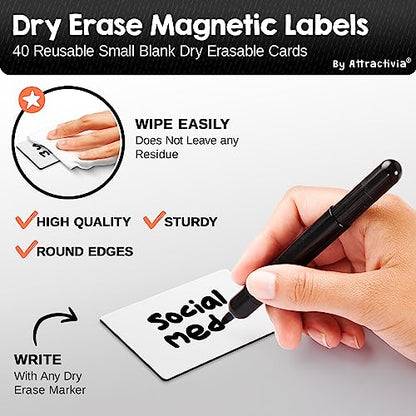 Attractivia Dry Erase Magnetic Labels 2.8 x 1.8 in, Small Dry Erase Magnets, 40-Pack, White Erasable Write-On All-Purpose Labels, for Office, Education, Home, Whiteboard - color: White, size: 2.8 x 1.8 inch