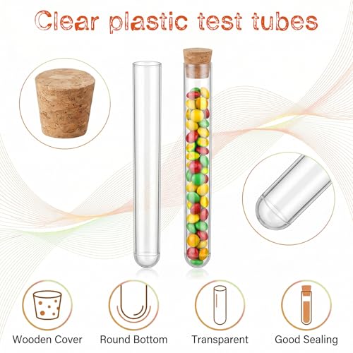 15 Pcs Clear Plastic Test Tubes with Cork Stoppers, 16 x 150mm 15ml