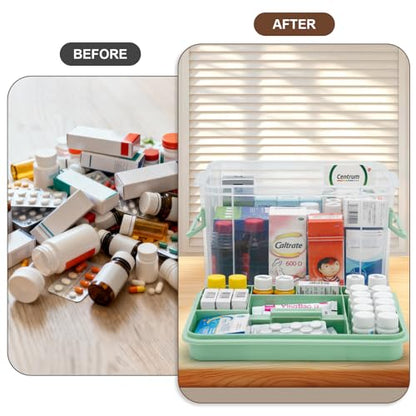 2 Pack Clear Medicine Organizer Storage Box with Handle & Tray - Thickened Plastic Empty First Aid Box, Multipurpose Medical Container with Lids/Labels, Medication Caddy for Home, Baby, Elderly, Dorm - size: 2 PACK