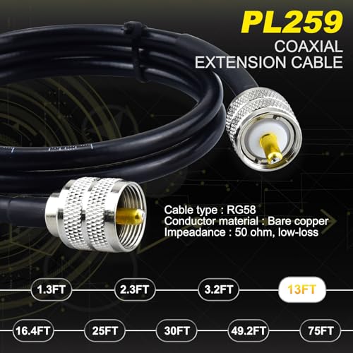 13ft RG58 PL259 Coaxial Cable 50 Ohm Coax Low Loss for CB Ham Radio - color: 1-Pack PL259 Cable, size: 13ft