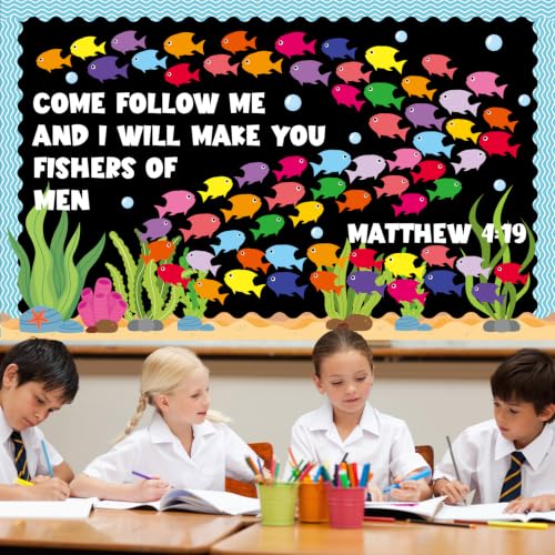 Fishers of Men Bulletin Board Classroom Decorations Christian Religious Bible Bulletin Board Sets Fish Paper Cutouts for Jesus Church Sunday Summer VBS Back to School Teacher Chalkboard Wall Supplies - style: Fishers of Men