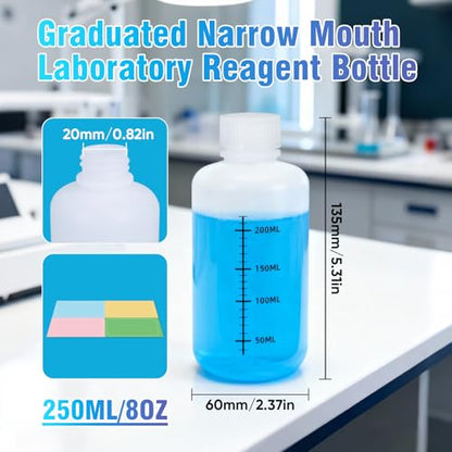 DEMORA 8oz Plastic Bottles with Airtight Caps for Liquids, Graduated Food Grade Plastic Containers, HDPE Thick Liquid Containers for Water Sample Medicine Laboratory Reagent (Translucent, 2 Pcs) - size: 8 ounces