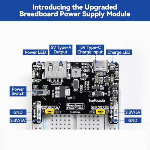 SunFounder BreadVolt Breadboard Power Supply Module Built-in Power Module Compatible with Arduino, Raspberry Pi, Pico W, ESP32, 5V/1.5A, 3.3V/1A, USB Output (Breadboard NOT Included)
