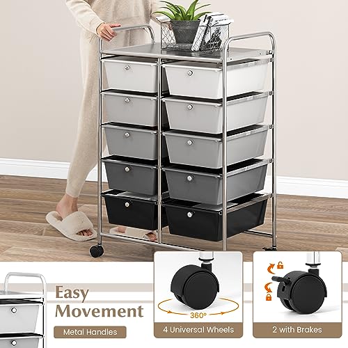 COSTWAY 10 Drawer Rolling Storage Cart, Utility Cart with Lockable Wheels - color: Mixed Black, size: 10 Drawer