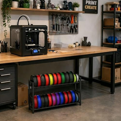 VYES 3D Printer Filament Storage Rack, 2-Tier Expandable Desktop Organizer, No Tools Needed Assembly, Holds 24 Spools for PLA/ABS/TPU, Rolling Spool Holder for Home, Office & Workshop