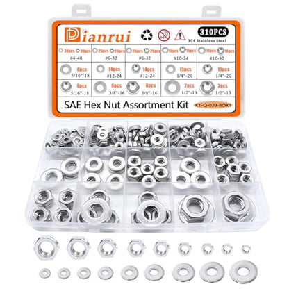 Dianrui 310PCS SAE Hex Nuts Assortment Kit with Flat Washers, 10 Size 304 Stainless Steel Hexnut Set Hardware Nuts #4-40,#6-32,#8-32,#10-24,#10-32,#12-24,1/4''-20,5/16''-18, 3/8''-16,1/2''-13 - size: 310PCS SAE Kit (#4-40—5/16''-18)