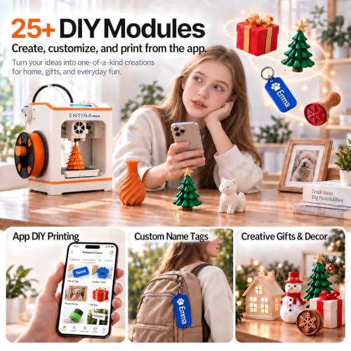 Entina Tina2C Mini 3D Printer Starter Bundle for Kids & Beginners, Fully Assembled, Auto Leveling, Easy Setup, WiFi & App Control, 3000+ Model Library, 20+ Creative DIY Modules, Includes 4-Color PLA - color: Red/White/Blue/Green