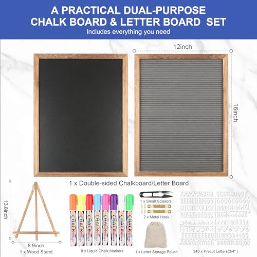12x16 inch Double Sided Chalkboard and Felt Letter Board with Stand - Reversible Wooden Frame Easel for Menu, Announcements, Home, Office, Cafe, Restaurant Decor - color: Brown