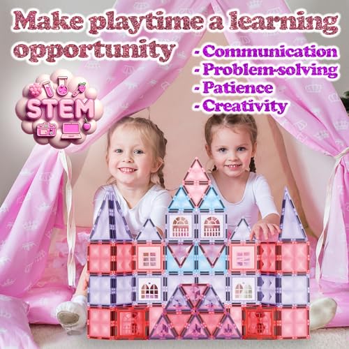 Little Pi 104pcs Frozen Princess Castle Magnetic Tiles Building Blocks - 3D Diamond Blocks, STEM Educational Toddler Toys for Pretend Play, 4 Year Old Girl Birthday Gifts Kids Ages 3 5 6 7 8 - Pink - color: Pink Castle