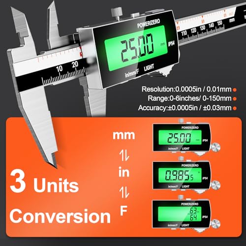 Preciva Backlight Digital Caliper,6inch IP54 Waterproof Rechargeable Electronic Micrometer with LCD Screen, Measurement Conversions for in/MM/F Precision Tool for DIY and Professional Use（Black） - color: Black