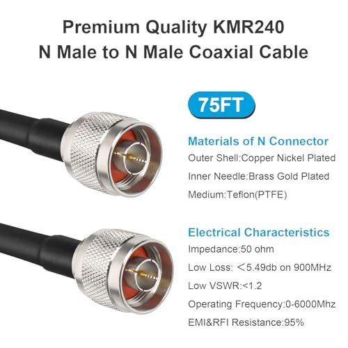 MOOKEERF KMR240 N Cable - 75FT Ultra Low Loss N Male to N Male Cable Pure Copper 50 ohm for Antenna,WiFi Router,Signal Booster, Amplifier - size: 75FT