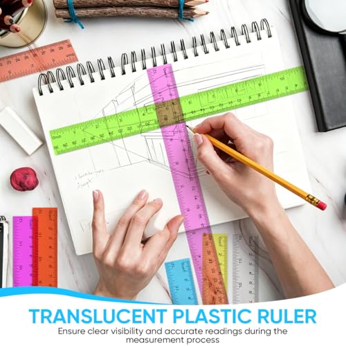 SenseYo 32 Pcs Clear Plastic Rulers 12 Inch Color Transparent Ruler with Centimeters and Inches for Kids Classroom Office Supplies - size: 32 Pcs