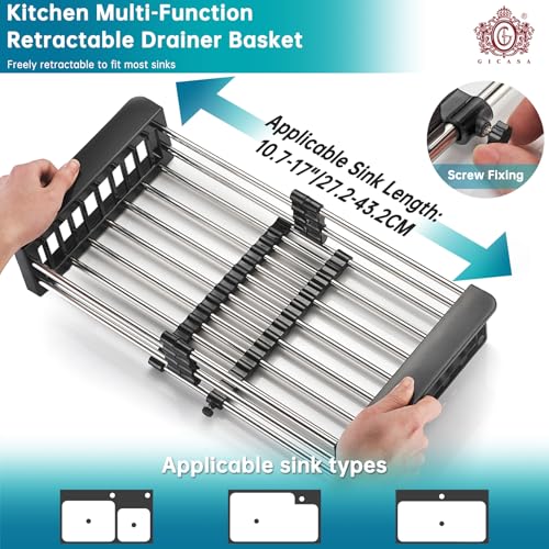 Kitchen Multi-Function Retractable Sink Dish Drying Rack, Stainless Steel Drainer for 10.7"-17" Sinks, Kitchen Countertop Organizer for Dishes, Vegetables, and Fruits (Black & Small) - color: Black, size: Small