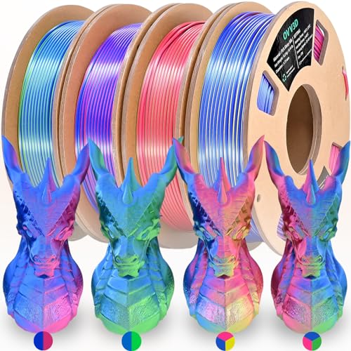 OVV3D 3D Printer Filament Bundle, PLA Filament 1.75mm+ /- 0.02mm, 4 Pack of Dual Color & Tri Color PLA Filament Coextrusion Silk PLA, Rainbow PLA Filament 3D Printing Filament, 4 Spool X 200g - color: 4 Pack Tri-color & Dual-color