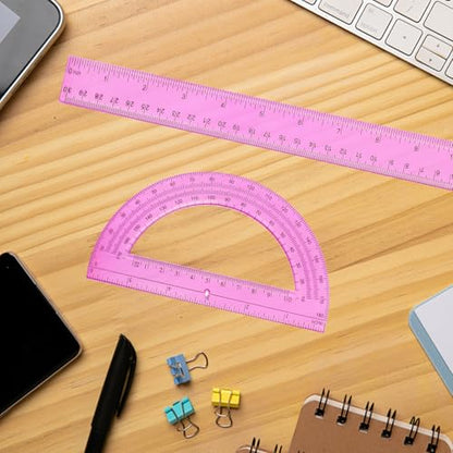 2 Packs 12 Inch Plastic Ruler and 6 Inch Plastic Protractor Set Clear Math Geometry Set Classroom Set Angle Detector School Supplies Classroom Ruler Home Office Drawings (Pink) - color: Pink