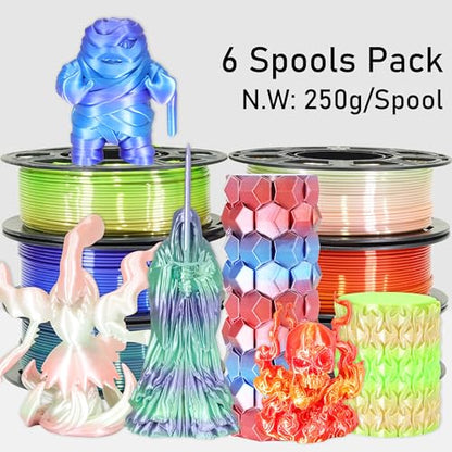 MIKA3D Mixed 6 Spools Fast 2 Color Change 3D Printer Filament Bundle, It Packed with 6 Beautiful Color Change Silk PLA Filament, Each Spool 250g, 6 Spools, Total 1.5kg Silk PLA Bundle 250g X 6 - color: 6 Color Change Mixed