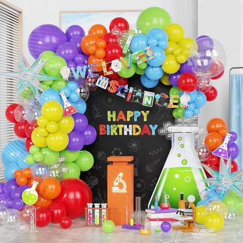 150PCS Science Party Decorations, Banner, Rainbow Balloon Arch Garland Kit for Lab Week, Mad Science Fun, Scientist Students Schoool Educational Theme Decoration, Happy Pi Day Birthday Party
